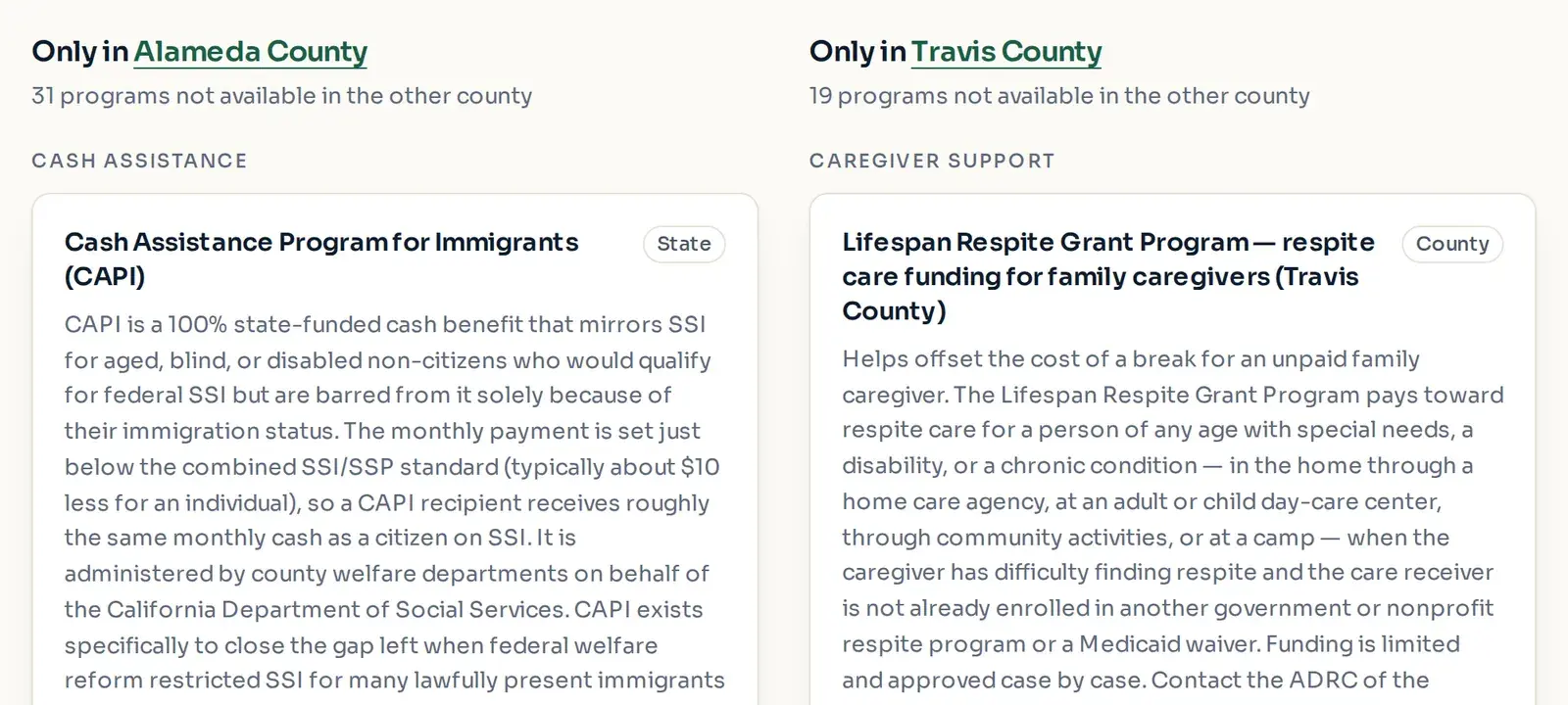 The county comparison page: two columns listing the programs available only in Alameda County, California, and only in Travis County, Texas.